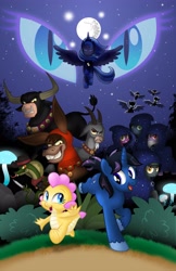 Size: 2650x4096 | Tagged: safe, artist:aleximusprime, bray, princess luna, oc, oc:bellow, oc:bleat, oc:buttercream the dragon, oc:dagger, oc:nightwatch, oc:noctura, oc:nox, oc:oscura, oc:tenebris, alicorn, bat pony, bull, cobra, donkey, dragon, goat, pony, snake, unicorn, fanfic:my little sister is a dragon, flurry heart's story, g1, g4, baby, baby dragon, bat pony oc, beard, bell, bells, belt, bovine, brother and sister, brotherhood of grogar, bush, cloak, cloaked, clothes, cowboy hat, cult of eternal night, cultist, dragoness, evil smile, eyes closed, facial hair, fanfic, fanfic art, fanfic cover, fangs, female, flying, g1 to g4, generation leap, grin, hat, hood, hooded cape, horn, horns, knife, looking at each other, looking at someone, male, mare, mare in the moon, moon, mushroom, night, night sky, nightmare eyes, nose piercing, nose ring, oc villain, piercing, s1 luna, scarf, siblings, sky, smiling, stallion, stetson, unicorn oc, unshorn fetlocks