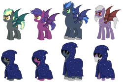 Size: 1920x1279 | Tagged: safe, artist:aleximusprime, oc, oc only, oc:noctura, oc:nox, oc:oscura, oc:tenebris, bat pony, pony, fanfic:my little sister is a dragon, flurry heart's story, bat pony oc, beard, cloak, cloaked, clothes, cult of eternal night, cultist, facial hair, fangs, female, hood, jewelry, male, mare, necklace, oc villain, simple background, stallion, sunglasses, transparent background, unshorn fetlocks