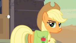 Size: 1920x1080 | Tagged: safe, screencap, applejack, earth pony, pony, season 2, the last roundup, 1080p, applebutt, applejack is not amused, applejack's hat, bag, butt, cowboy hat, female, hat, i watch it for the plot, looking at you, mare, plot, saddle bag, solo, unamused