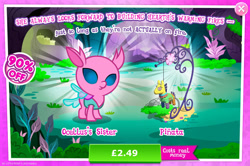 Size: 1959x1299 | Tagged: safe, gameloft, axilla, changedling, changeling, nymph, g4, my little pony: magic princess, advertisement, baby, background changeling, costs real money, english, female, flower, insect wings, introduction card, numbers, piñata, sale, solo, text, wings