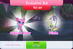 Size: 1272x860 | Tagged: safe, gameloft, axilla, changedling, changeling, nymph, g4, my little pony: magic princess, baby, background changeling, bundle, costs real money, english, exclusive set, female, flower, insect wings, numbers, piñata, sale, solo, text, wings