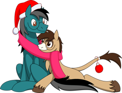 Size: 2791x2149 | Tagged: safe, artist:emc-blingds, oc, oc only, earth pony, pony, bauble, christmas, clothes, duo, earth pony oc, glasses, hat, high res, holiday, santa hat, scarf, shared clothing, shared scarf, simple background, smiling, transparent background, unshorn fetlocks