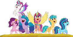 Size: 12712x6541 | Tagged: safe, artist:ejlightning007arts, hitch trailblazer, izzy moonbow, misty brightdawn, pipp petals, sunny starscout, zipp storm, alicorn, earth pony, pegasus, pony, unicorn, g4, g5, my little pony: a new generation, my little pony: make your mark, spoiler:g5, artificial horn, artificial wings, augmented, bag, base used, blaze (coat marking), bracelet, callback, coat markings, eyes closed, facial markings, female, flying, freckles, friendship bracelet, g5 to g4, generation leap, handbag, here we go again, history repeats itself, horn, jewelry, magic, magic horn, magic wings, male, mane five, mane six (g5), mare, multicolored hair, open mouth, open smile, race swap, rainbow hair, saddle bag, simple background, smiling, socks (coat markings), spread wings, stallion, sunnycorn, tiara, transparent background, wings
