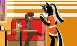 Size: 4958x2992 | Tagged: safe, artist:emc-blingds, oc, oc only, oc:nightswift, pony, bipedal, colt, female, foal, hoof hold, indoors, male, mare, smiling, story included, trio, waitress