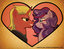 Size: 1017x786 | Tagged: safe, artist:samoht-lion, oc, oc only, oc:aramau, oc:firebrand, pony, clothes, cute, duo, female, firemau, glasses, heart, jacket, male, oc x oc, ocbetes, shipping, straight