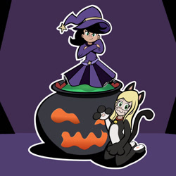 Size: 894x894 | Tagged: safe, artist:magerblutooth, ocellus, smolder, human, g4, animal costume, cat costume, cauldron, clothes, commission, costume, cute, halloween, halloween costume, humanized, ocelia, samantha, witch costume