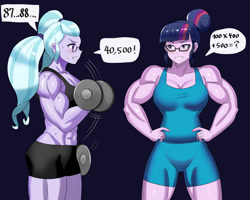 Size: 800x640 | Tagged: safe, artist:tzc, sci-twi, sugarcoat, twilight sparkle, human, equestria girls, g4, abs, buff, clothes, commission, dumbbell (object), duo, female, fetish, glasses, grin, leotard, math, muscle fetish, muscles, muscular female, sci-twi muscle, shorts, smiling, sports bra, sports shorts, supercoat, sweat, twilight muscle, weights