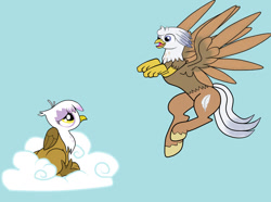 Size: 1024x761 | Tagged: safe, artist:astral26, gilda, oc, oc:silver quill, griffon, hippogriff, g4, chickub, cloud, cute, duo, gildadorable, hippogriff oc, li'l gilda, ocbetes, younger