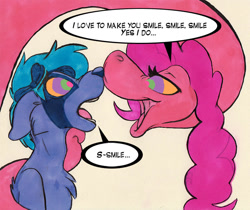 Size: 900x755 | Tagged: safe, artist:omnifelpur, pinkie pie, oc, snake, anthro, g4, dialogue, duo, female, hypno eyes, imminent vore, kaa eyes, open mouth, smiling, species swap, traditional art