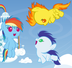 Size: 4200x4000 | Tagged: safe, artist:beavernator, rainbow dash, soarin', spitfire, pegasus, pony, g4, baby, baby dash, baby pony, beavernator is trying to murder us, cloudsdale, colt, cute, cutefire, dashabetes, female, filly, flying, foal, male, open mouth, open smile, smiling, soarinbetes, spread wings, trio, wings, younger