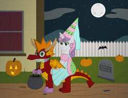 Size: 7077x5410 | Tagged: safe, artist:moonlight bloom, spike, sweetie belle, dragon, pony, unicorn, mlp fim's twelfth anniversary, g4, .svg available, absurd resolution, clothes, cloud, costume, decoration, dragon costume, dragons riding ponies, dress, female, fence, filly, foal, full moon, gravestone, halloween, hat, hennin, holiday, house, implied rarity, jack-o-lantern, lidded eyes, looking at you, male, moon, mountain, night, nightmare night, nightmare night costume, older, older spike, older sweetie belle, outdoors, ponies riding dragons, princess, princess costume, princess sweetie belle, pumpkin, quadsuit, riding, smiling, tape, teenage spike, teenage sweetie belle, teenager, two-person costume, vector, window