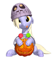Size: 920x1000 | Tagged: safe, artist:owlpirate, derpy hooves, pegasus, pony, g4, 3d, beanie, candy, cute, derpabetes, female, floppy ears, food, halloween, hat, holiday, lollipop, looking at you, mare, pumpkin bucket, simple background, smiling, smiling at you, solo, source filmmaker, tongue out, transparent background, unshorn fetlocks