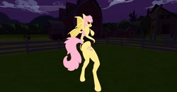 Size: 1920x1001 | Tagged: safe, screencap, fluttershy, bat pony, anthro, g4, bat ponified, body, clothes, flutterbat, implied tail hole, leotard, race swap, second life, sexy, solo, sweet apple acres, tail, video at source, video in description