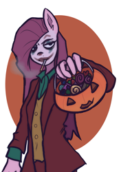 Size: 2039x2893 | Tagged: safe, artist:meliciamelano, pinkie pie, earth pony, anthro, plantigrade anthro, g4, candy, cigarette, clothes, costume, food, halloween, halloween costume, high res, holiday, joker (2019), looking at you, makeup, pinkamena diane pie, pumpkin, simple background, trick or treat