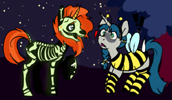 Size: 2045x1195 | Tagged: safe, artist:/d/non, stygian, sunburst, bee, bumblebee, pony, unicorn, mlp fim's twelfth anniversary, g4, blue hair, bone, bumblebee costume, clothes, costume, gay, grey fur, male, nightmare night, nightmare night costume, orange hair, scared, shipping, skeleton, skeleton costume, stallion, startled, styburst