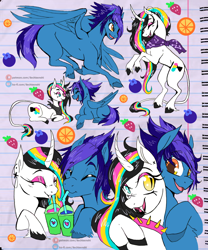 Size: 1700x2039 | Tagged: safe, artist:liechisenshi, oc, oc only, oc:printer jam, pegasus, pony, unicorn, collar, curved horn, drinking, duo, fangs, horn, leonine tail, sketchpage, slit pupils, smoothies, spiked collar, tail, unshorn fetlocks