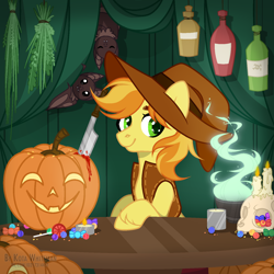 Size: 1500x1500 | Tagged: safe, artist:kawaiizhele, braeburn, bat, earth pony, pony, g4, accessory, blood, braebetes, candy, commission, cute, food, halloween, holiday, knife, looking at you, male, pumpkin, smiling, solo, stallion, two toned mane, ych result