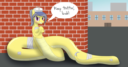 Size: 1900x1000 | Tagged: safe, artist:mightyshockwave, oc, oc only, unnamed oc, lamia, original species, brick wall, city, coils, hat, male, ponytail, regular show