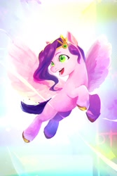 Size: 1200x1800 | Tagged: safe, artist:demiesop, pipp petals, pegasus, pony, g5, female, flying, headband, jewelry, mare, open mouth, solo, unshorn fetlocks