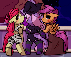 Size: 2500x2000 | Tagged: safe, artist:faerienougat, apple bloom, scootaloo, sweetie belle, earth pony, pegasus, undead, unicorn, vampire, semi-anthro, g4, arm hooves, bipedal, butt, clothes, costume, cutie mark crusaders, embarrassed, female, filly, floppy ears, foal, halloween, halloween costume, high res, holiday, looking at you, looking back, looking back at you, multiple variants, mummy, mummy costume, nervous, plot, rear view, tail, tail hole, trio, trio female, vampire costume, witch, witch costume