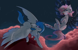 Size: 3000x1943 | Tagged: safe, artist:minty--fresh, oc, oc:nimbus cloudington, pegasus, pony, amputee, artificial wings, augmented, blue mane, cloud, ear fluff, ear piercing, piercing, pink mane, prosthetic limb, prosthetic wing, prosthetics, stripes, wings