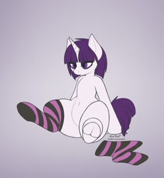 Size: 1340x1450 | Tagged: safe, artist:jessijinx, oc, oc:ashen augury, pony, unicorn, belly button, clothes, female, gradient background, horn, mare, neet, simple background, sitting, socks, solo, striped socks, underhoof, unicorn oc