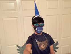 Size: 3088x2320 | Tagged: safe, princess luna, alicorn, human, g4, cardboard wings, clothes, cosplay, costume, diy, face mask, fake wings, haters gonna hate, high res, irl, irl human, jewelry, marker drawing, mask, meme, nightmare night, photo, rule 63, solo, string, tape, tiara, traditional art