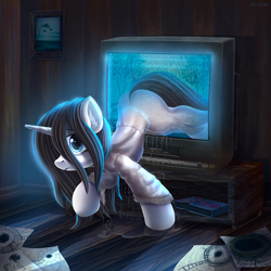 Size: 3000x3000 | Tagged: safe, artist:atlas-66, pony, unicorn, clothes, drawing, dress, female, high res, looking at you, mare, paper, picture, picture frame, ponified, samara morgan, solo, television, the ring, water, wet