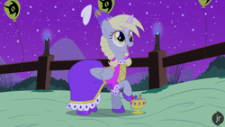 Size: 1920x1080 | Tagged: safe, artist:facelessjr, derpy hooves, pegasus, pony, g4, alternate hairstyle, bag, balloon, braid, braided pigtails, candle, candy, candy bag, clothes, costume, derp, dress, fake horn, fence, food, hat, hennin, night, nightmare night, nightmare night symbol, pigtails, pose, princess, princess costume, smiling, solo