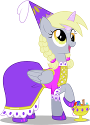 Size: 689x959 | Tagged: safe, alternate version, artist:facelessjr, derpy hooves, pegasus, pony, g4, alternate hairstyle, bag, braid, braided pigtails, candy, candy bag, clothes, costume, derp, dress, fake horn, food, happy, hat, hennin, nightmare night, nightmare night costume, pigtails, princess, princess costume, simple background, solo, transparent background, wings