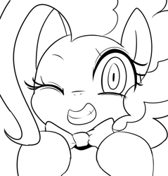 Size: 1912x2000 | Tagged: safe, artist:maren, pinkie pie, earth pony, pony, g4, 2014, bowtie, bust, female, grin, mare, monochrome, old art, one eye closed, portrait, smiling, solo
