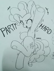 Size: 998x1298 | Tagged: safe, artist:maren, pinkie pie, earth pony, pony, g4, 2017, bipedal, dancing, dialogue, eyes closed, female, mare, old art, open mouth, party hard, solo, traditional art