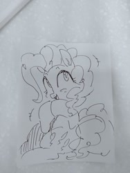 Size: 1536x2048 | Tagged: safe, artist:maren, pinkie pie, earth pony, pony, g4, 2020, doodle, female, hooves together, mare, old art, open mouth, sitting, smiling, solo, traditional art