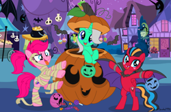 Size: 3000x1973 | Tagged: safe, artist:orionofthestars, artist:small-brooke1998, earth pony, pegasus, pony, unicorn, g4, base used, bipedal, candy, elita-1, food, halloween, holiday, jack-o-lantern, moonracer, nightmare night symbol, ponyville, pumpkin, pumpkin bucket, windblade