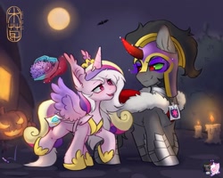 Size: 1875x1500 | Tagged: artist needed, safe, king sombra, princess cadance, shining armor, oc, oc:coloured glaze rose, bat pony, pony, unicorn, g4, candle, candy, canon x oc, clothes, cosplay, costume, crystal heart, duo, duo male, fake cutie mark, fake horn, fake wings, food, gay, halloween, halloween costume, helmet, holiday, implied somdance, magic, male, moon, nightmare night, pumpkin, shipping, sombrose, stallion