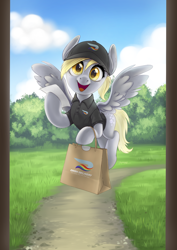 Size: 2480x3508 | Tagged: safe, artist:taytinabelle, derpy hooves, pegasus, pony, g4, clothes, cute, derpabetes, doordash, female, flying, grass, grass field, happy, hat, high res, hoof hold, looking at you, mare, open mouth, open smile, polo shirt, raised hoof, smiling, solo, spread wings, uniform, wings