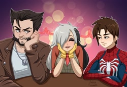 Size: 3636x2500 | Tagged: safe, artist:ameliacostanza, discord, human, g4, crossover, eris, female, hand on chin, high res, humanized, logan, male, marvel, peter parker, rule 63, spider-man, ultimate spiders and magic, wolverine
