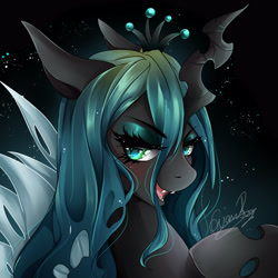 Size: 4000x3992 | Tagged: safe, artist:evanrank, queen chrysalis, changeling, changeling queen, g4, crown, female, high res, hoof on chest, jewelry, open mouth, open smile, regalia, smiling, solo