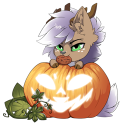 Size: 1500x1511 | Tagged: safe, alternate character, alternate version, artist:arctic-fox, part of a set, oc, oc only, deer, pony, commission, deer oc, mouth hold, non-pony oc, pumpkin, simple background, solo, transparent background, ych result