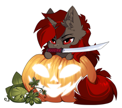 Size: 1500x1328 | Tagged: safe, alternate character, alternate version, artist:arctic-fox, part of a set, oc, oc only, pony, unicorn, commission, mouth hold, pumpkin, simple background, solo, sword, transparent background, weapon, ych result