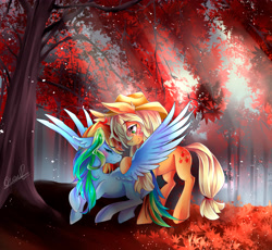 Size: 4589x4214 | Tagged: safe, artist:evanrank, applejack, rainbow dash, earth pony, pegasus, pony, g4, absurd resolution, autumn, blushing, duo, duo female, eyes closed, female, forest, leaves, lesbian, mare, ship:appledash, shipping, smiling, spread wings, tree, wings