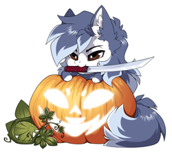 Size: 2072x1828 | Tagged: safe, alternate character, alternate version, artist:arctic-fox, part of a set, oc, oc only, oc:ash wing, earth pony, pony, commission, mouth hold, pumpkin, simple background, solo, sword, transparent background, weapon, ych result