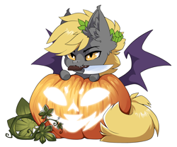 Size: 1500x1246 | Tagged: safe, alternate character, alternate version, artist:arctic-fox, part of a set, oc, oc only, oc:night striker, bat pony, pony, bat pony oc, commission, knife, mouth hold, pumpkin, simple background, solo, transparent background, ych result