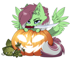Size: 1500x1239 | Tagged: safe, alternate character, alternate version, artist:arctic-fox, part of a set, oc, oc only, oc:watermelon success, pegasus, pony, commission, mouth hold, pumpkin, simple background, solo, sword, transparent background, weapon, ych result