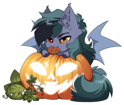 Size: 1500x1267 | Tagged: safe, alternate character, alternate version, artist:arctic-fox, part of a set, oc, oc only, oc:scrimmy, bat pony, pony, commission, cookie, food, mouth hold, pumpkin, simple background, solo, transparent background, ych result