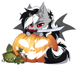 Size: 1500x1265 | Tagged: safe, alternate character, alternate version, artist:arctic-fox, part of a set, oc, oc only, oc:stormdancer, bat pony, pony, commission, mouth hold, pumpkin, simple background, solo, sword, transparent background, weapon, ych result