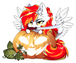 Size: 1500x1239 | Tagged: safe, alternate character, alternate version, artist:arctic-fox, part of a set, oc, oc only, oc:diamond sun, pegasus, pony, commission, katana, mouth hold, pumpkin, simple background, solo, sword, transparent background, weapon, ych result