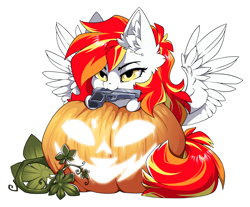 Size: 1500x1239 | Tagged: safe, alternate character, alternate version, artist:arctic-fox, part of a set, oc, oc only, oc:diamond sun, pegasus, pony, commission, gun, mouth hold, pumpkin, simple background, solo, transparent background, weapon, ych result