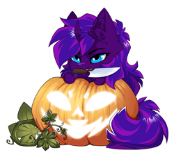 Size: 1500x1356 | Tagged: safe, alternate character, alternate version, artist:arctic-fox, part of a set, oc, oc only, oc:tihan, pony, unicorn, commission, knife, mouth hold, pumpkin, simple background, solo, transparent background, ych result