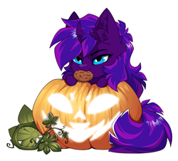 Size: 1500x1356 | Tagged: safe, alternate character, alternate version, artist:arctic-fox, part of a set, oc, oc only, oc:tihan, pony, unicorn, commission, cookie, food, mouth hold, pumpkin, simple background, solo, transparent background, ych result